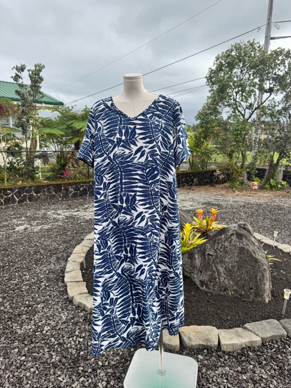 Emery Rose Blue & White Tropical Print Maxi Dress XL Casual Loose Fit
